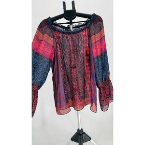 Hale Bob Off Shoulder Boho Blouse Bell Sleeve Sheer Multicolor Paisley Size L